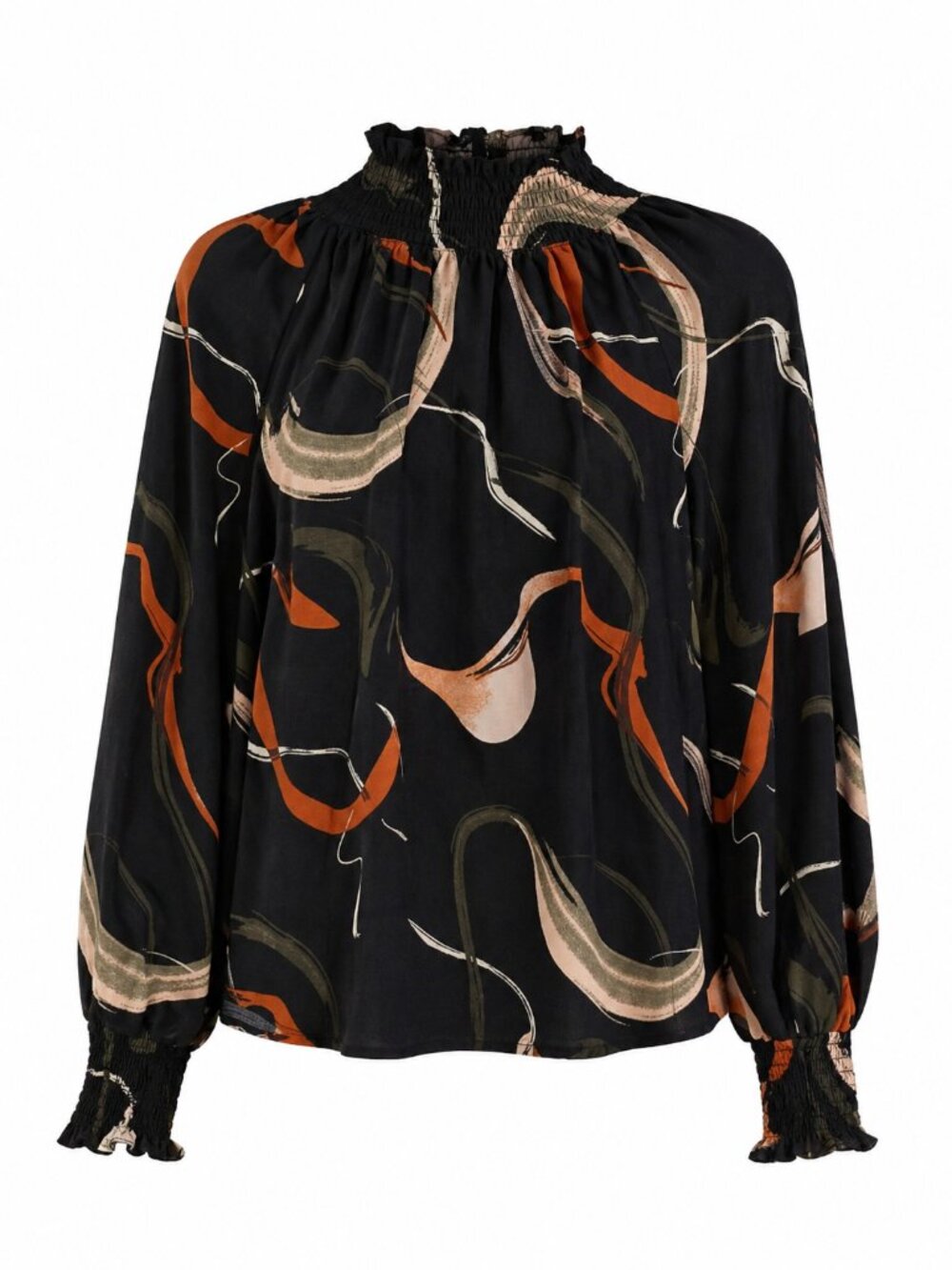 Nine West Abstract Print Blouse Smocked Neck Long Sleeve Black Multi Size L
